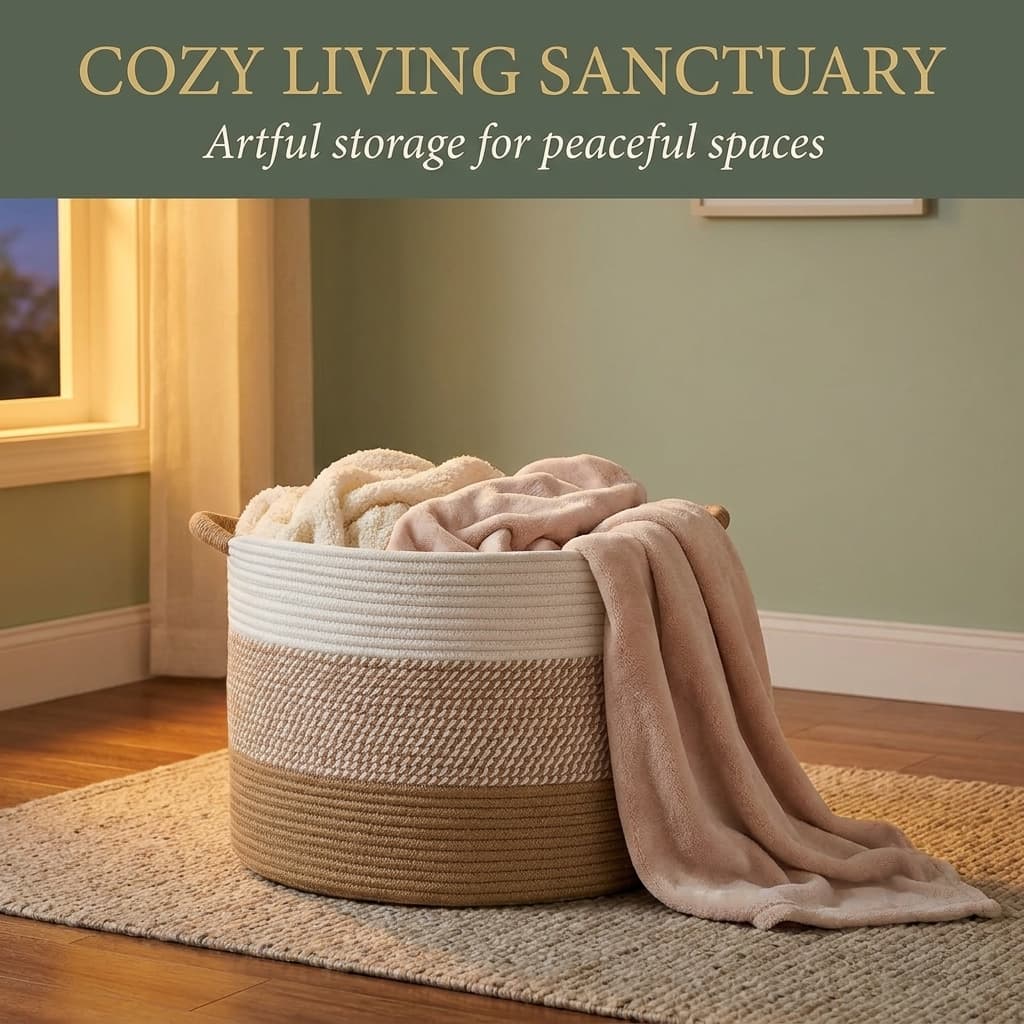 Artfeel 70L Large Cotton Rope Blanket Storage Basket Brown