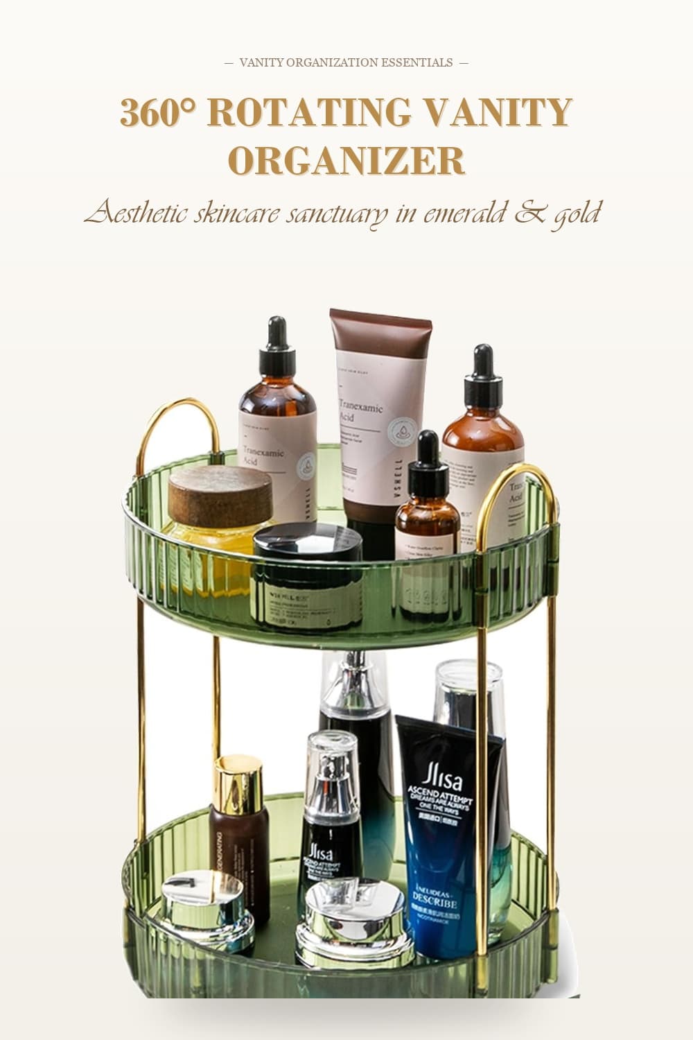 Asayuee 360° Rotating 2-Tier Makeup & Skincare Vanity Organizer Green