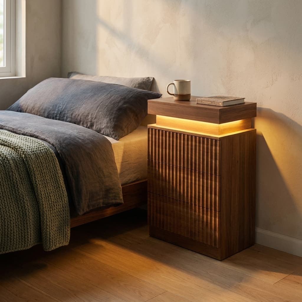 BOXACTION Fluted Nightstand with Charging Station & LED Light
