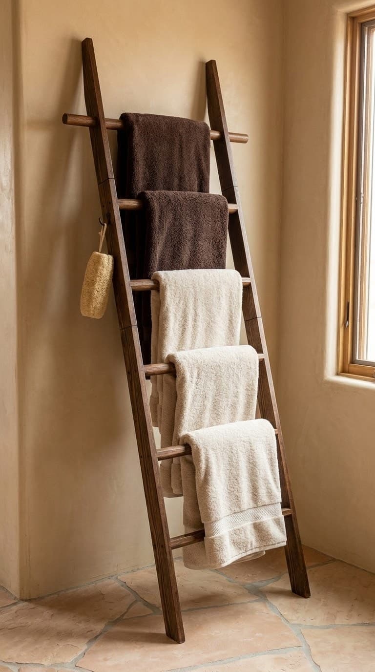 chilinii 6-Tier Farmhouse Wooden Blanket & Towel Leaning Ladder, Dark Brown