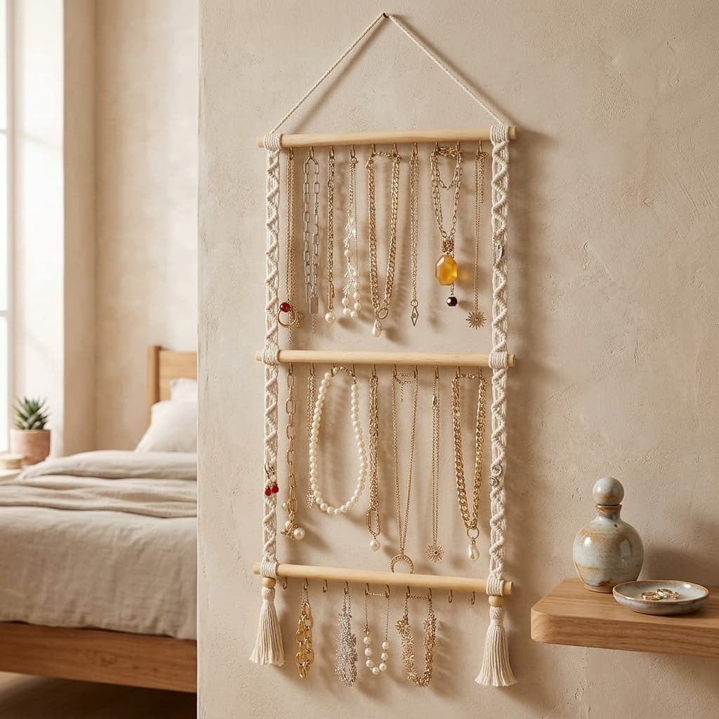 Dahey 3-Tier Boho Macrame Wall Hanging Jewelry Organizer 30 Hooks