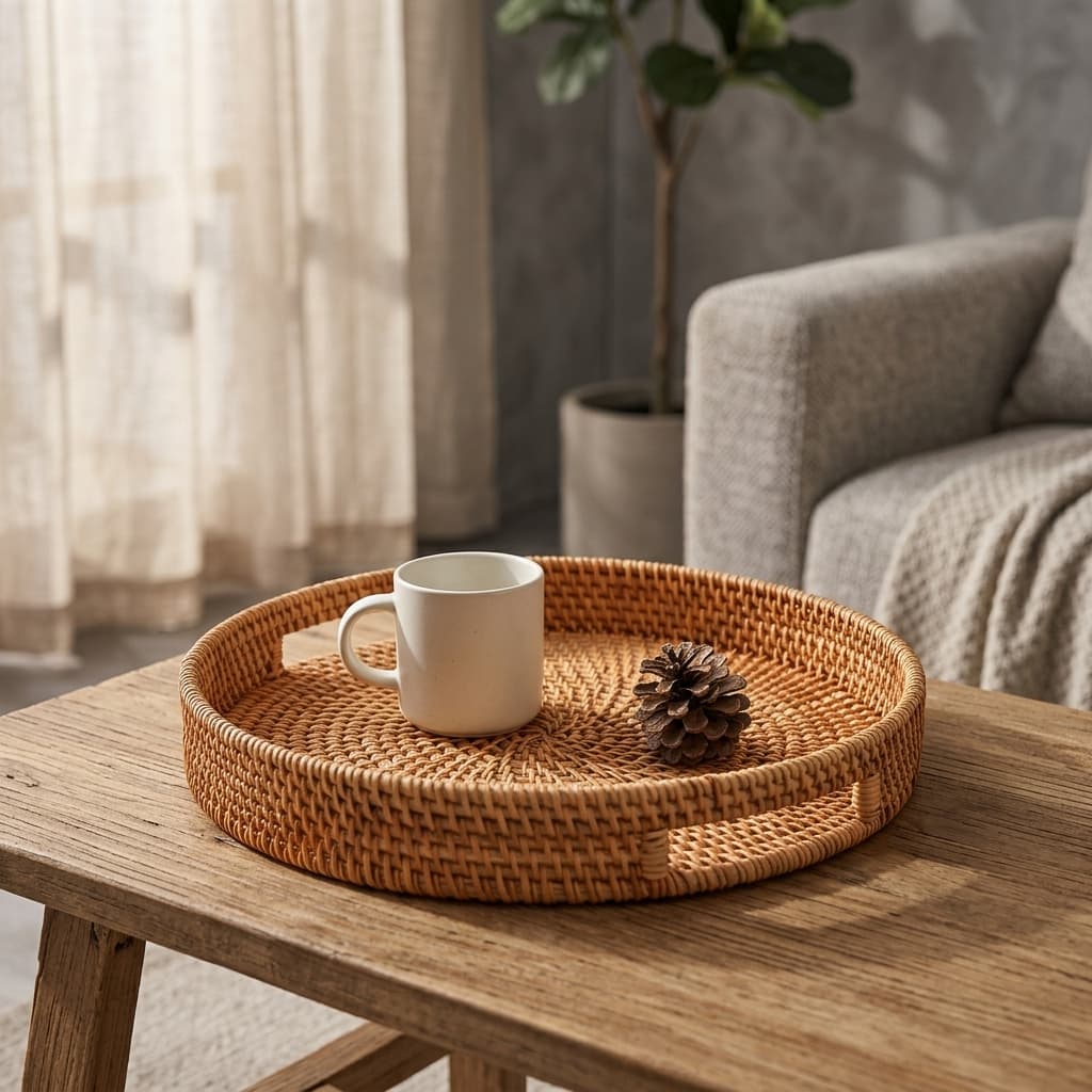 DECRAFTS Round Rattan Serving Tray with Handles Natural 11.8"