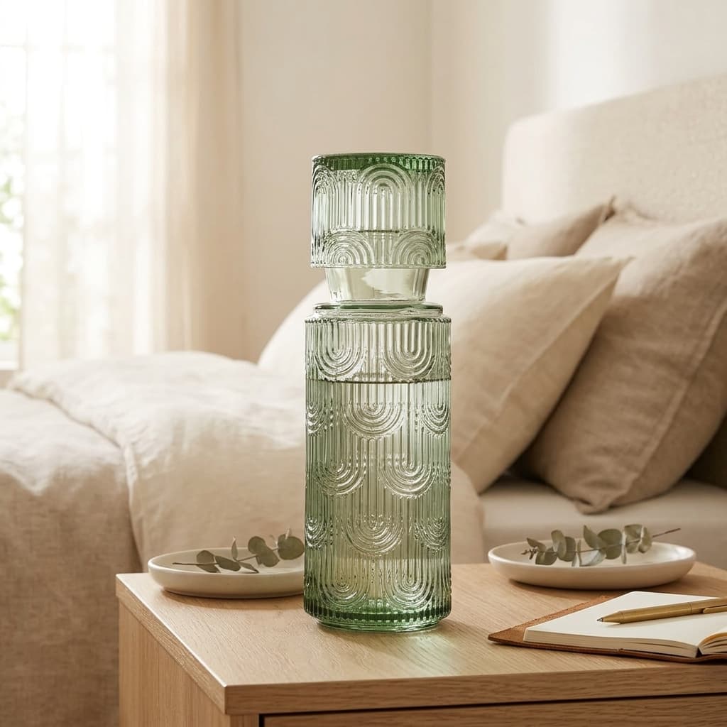DmmyAlzx Bedside Water Carafe & Tumbler Glass Set Ribbed Green