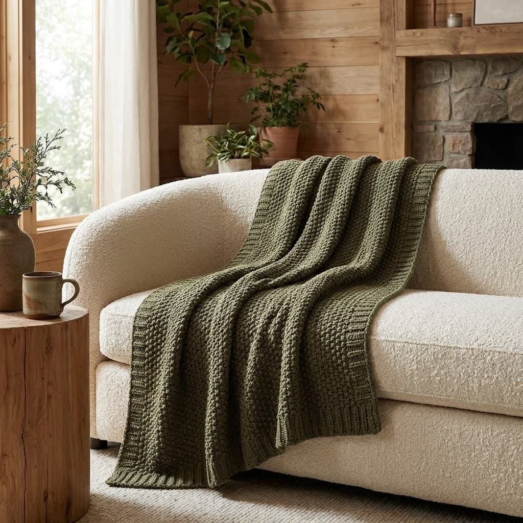 EverGrace 100% Organic Cotton Chunky Seed Stitch Knit Throw Blanket, Olive Green 50x60