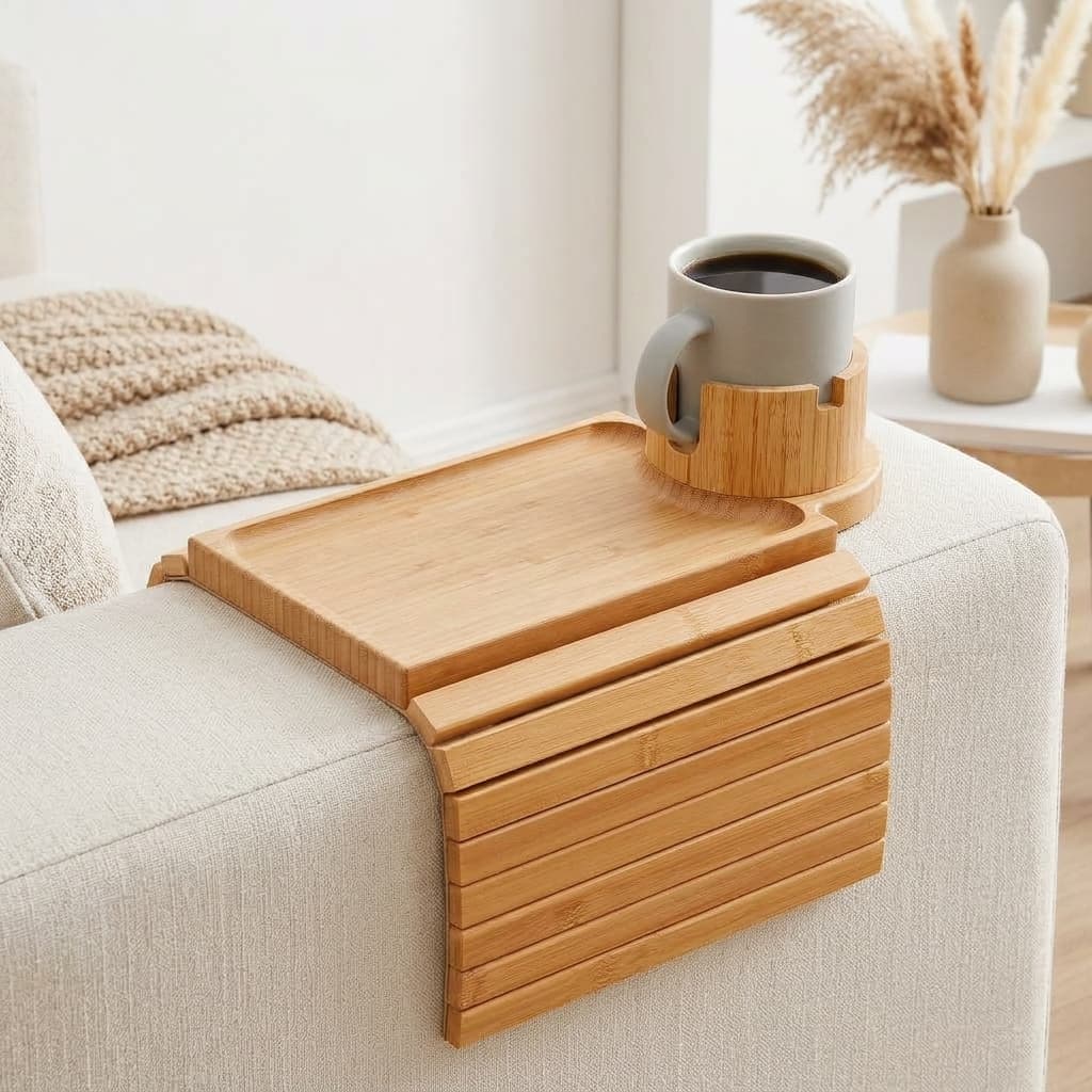 GHKINMAL 3-in-1 Bamboo Couch Arm Cup Holder Tray Table