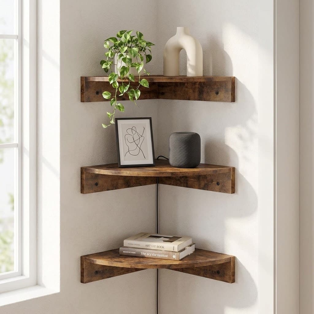 Homode Set of 3 Floating Corner Shelves with Cord Hole, Rustic Brown and Black