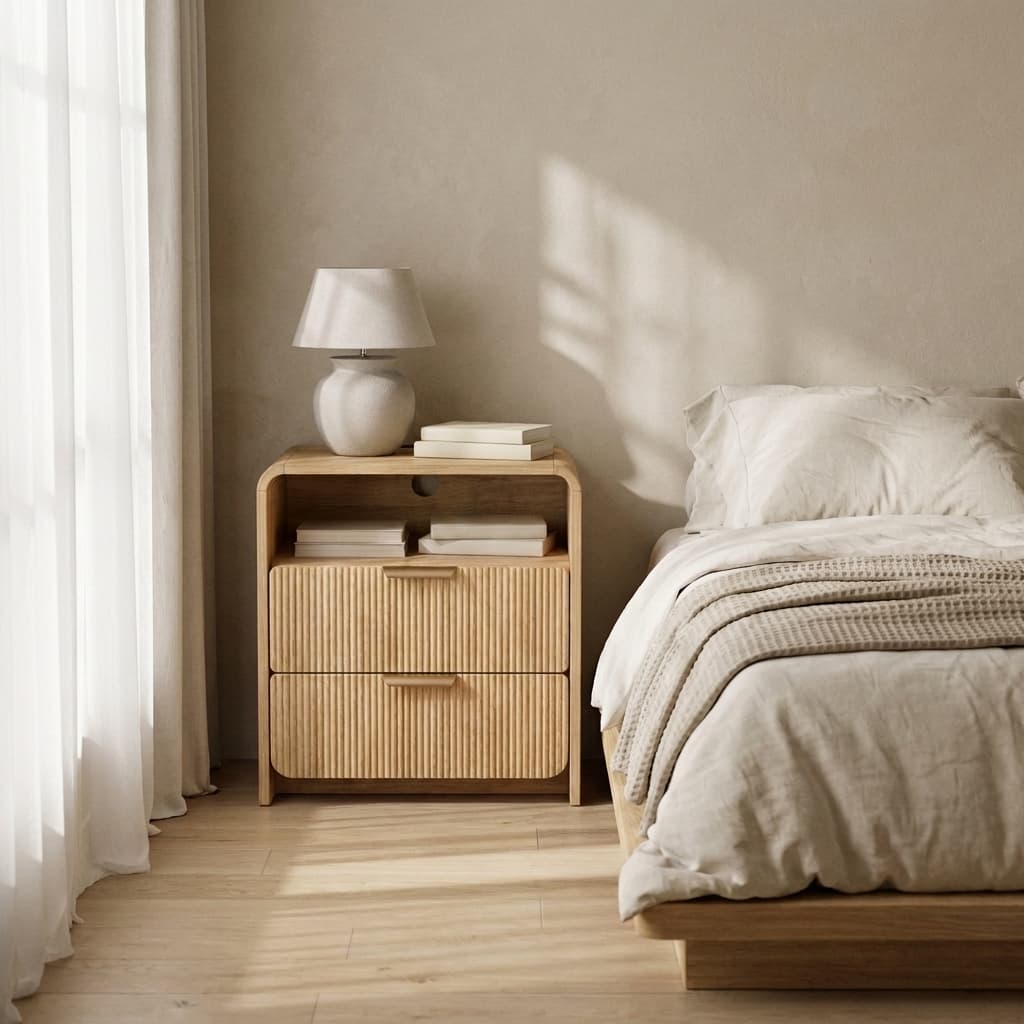 HOTALLOY 24" 2-Drawer Fluted Natural Oak Nightstand Set of 2