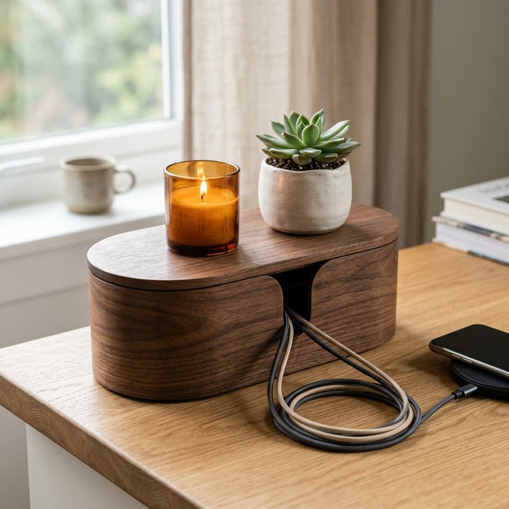 Hotlea Wooden Cable Management Box with Magnetic Lid Solid Pine Cord Organizer