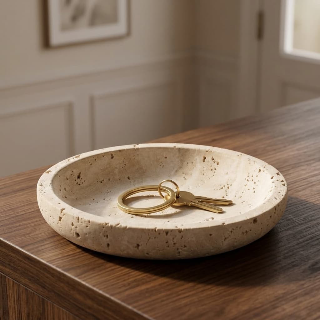 IPEDWO 100% Natural Travertine Stone Round Jewelry Dish & Key Catchall Tray, Cream