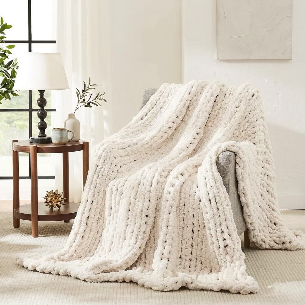 L'AGRATY Chunky Chenille Cable Knit Throw Blanket Ivory 50"x60"
