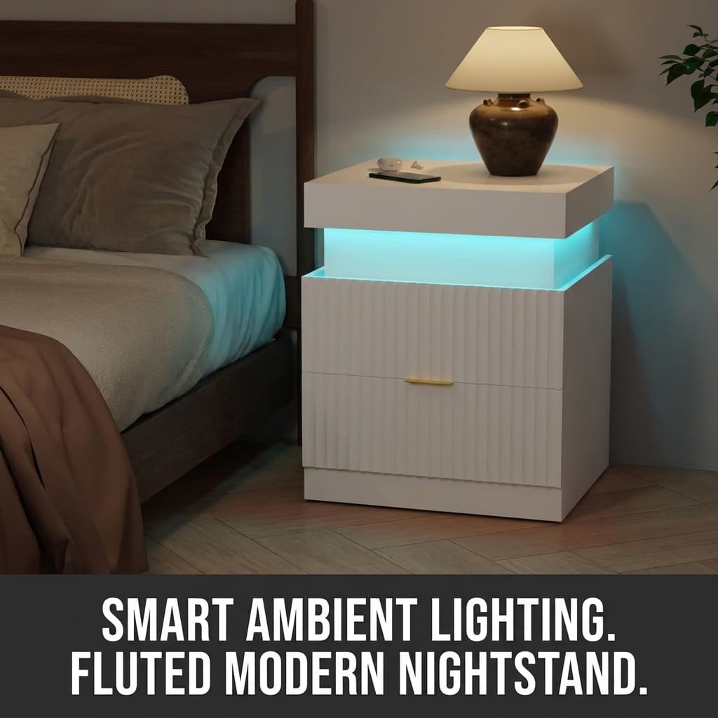 Lezyhaus Wooden Nightstand with Charging Station & LED Lights