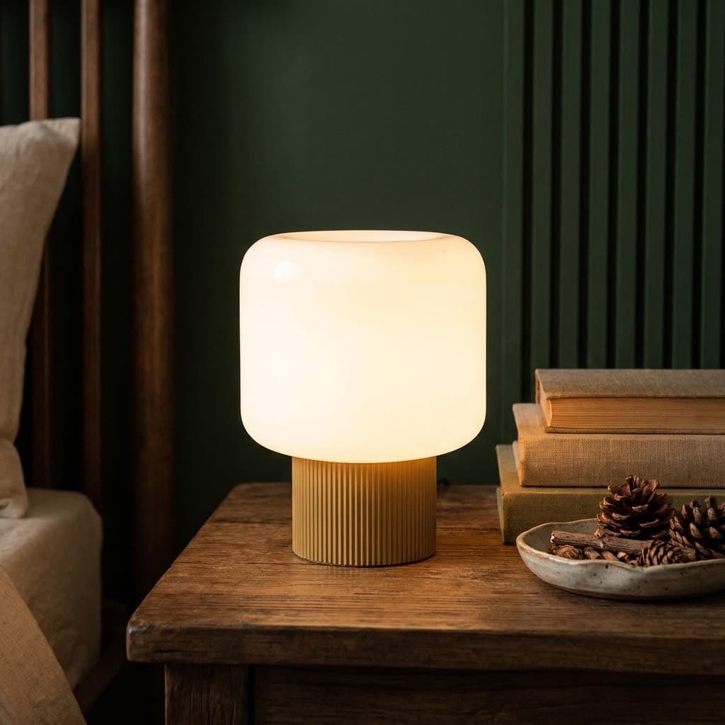 MAGCHARM Cordless Opal Glass Mushroom Table Lamp with Ribbed Metal Base