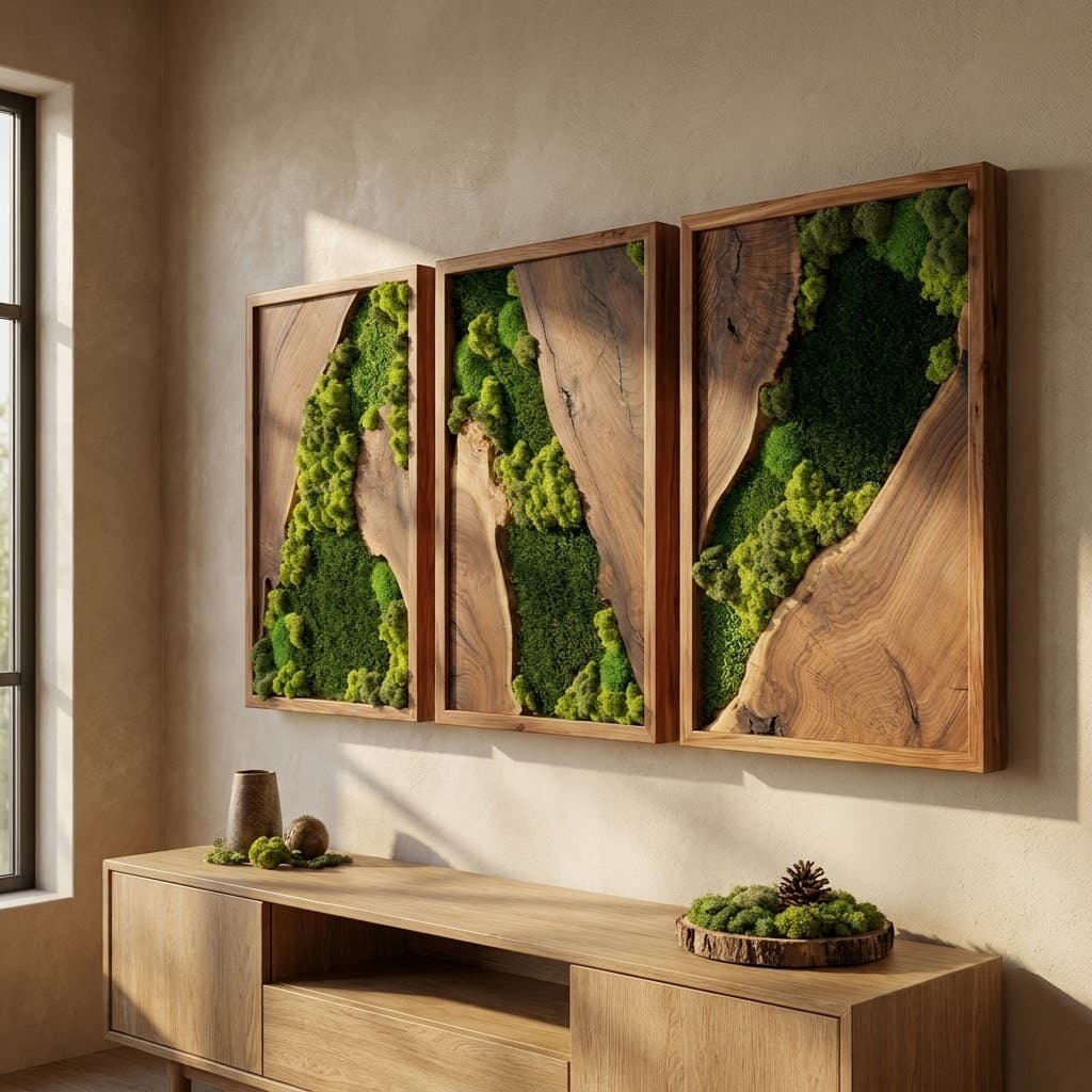 MIODUO Real Preserved Moss Wall Art Decor in Solid Cedar Wood Frame 3-Piece Set
