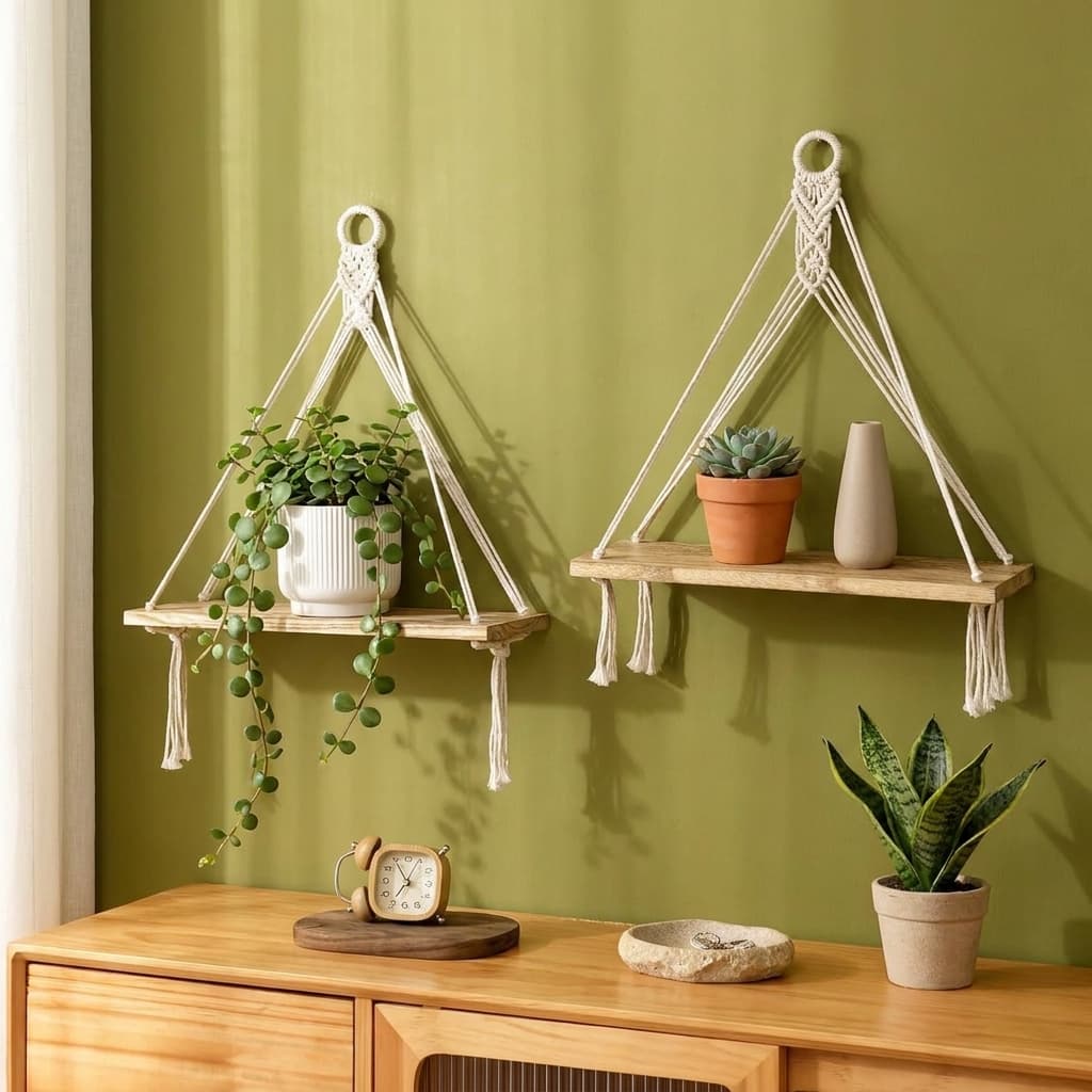 Mkono Macrame Floating Hanging Wall Shelves Set of 2