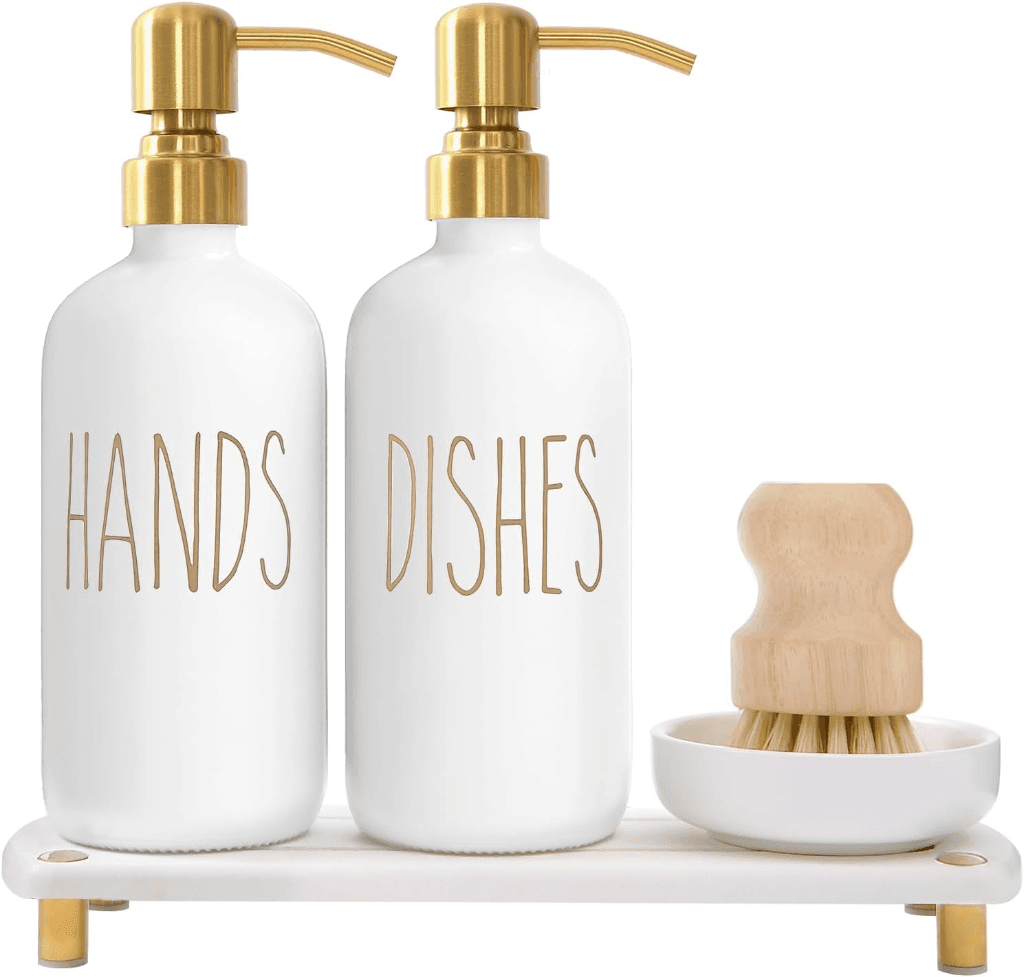 MOMEEMO Soap Dispenser Set with Stainless Steel Pumps, Gold & White Tray