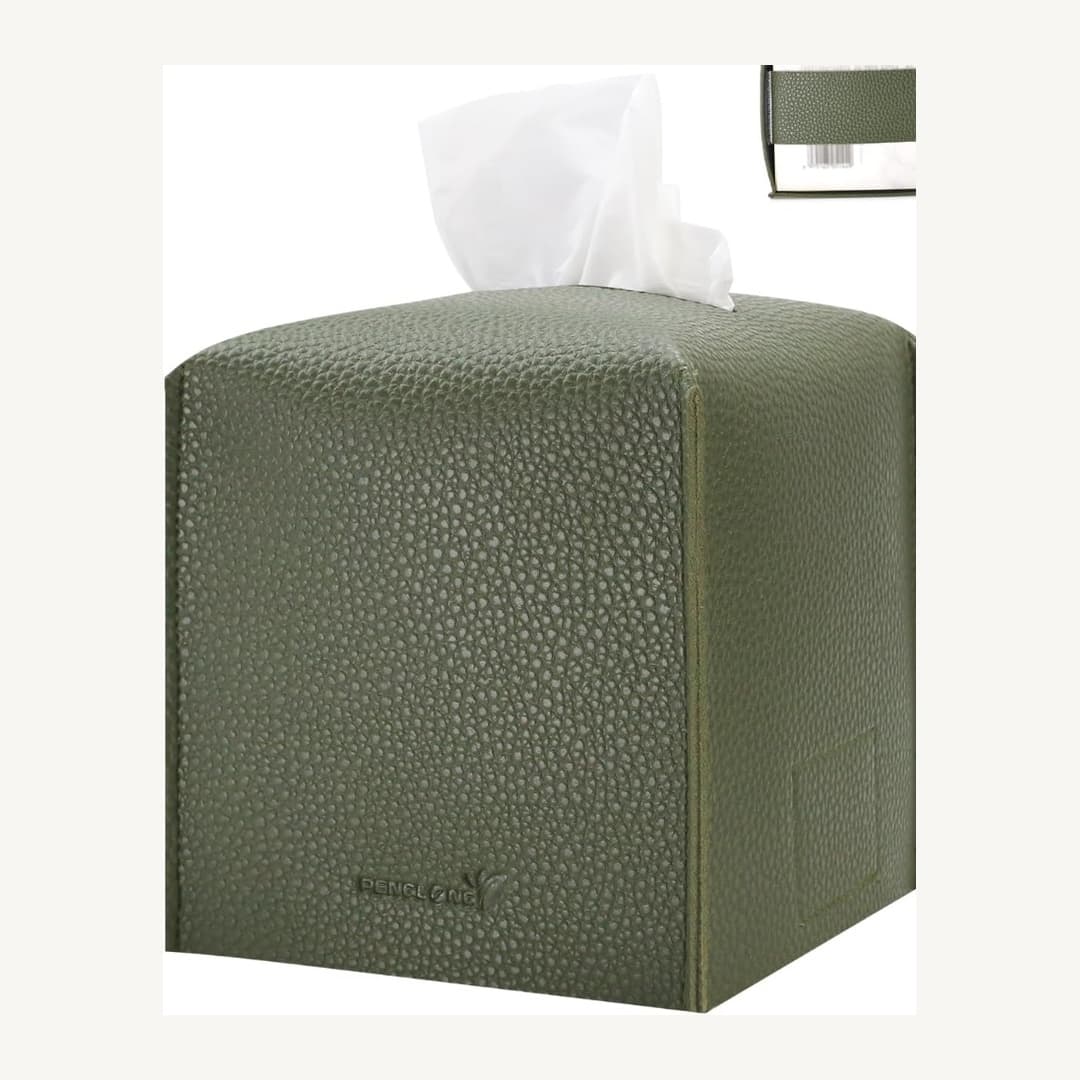 PENGLONG Textured PU Leather Square Tissue Box Cover Dark Green