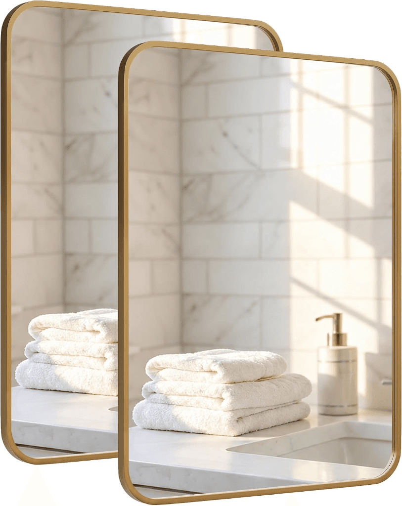 Pocetry 2-Pack 24x36 Inch Antique Gold Rounded Rectangle Vanity Mirrors