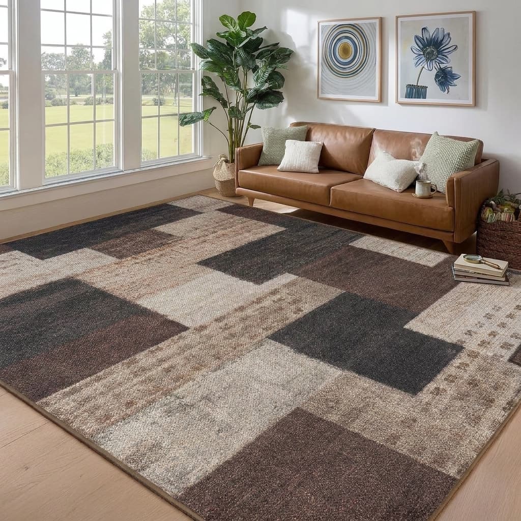 qulint Modern Easy Jute Geometric Patchwork Area Rug 6x9 Brown