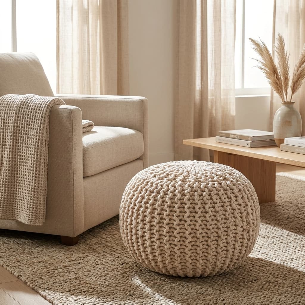 REDEARTH Round Pouf Ottoman Hand Knitted Boho Footrest Ivory