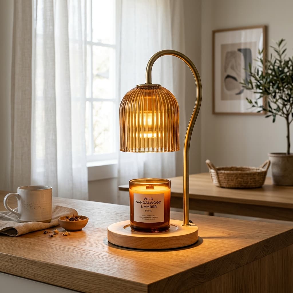 seenlast Dimmable Candle Warmer Lamp with Timer Fluted Glass Shade & Wood Base