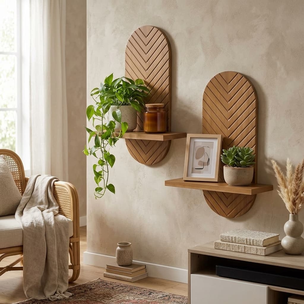SweetSage Arched Boho Floating Wall Plant Shelves Set of 2 Oak