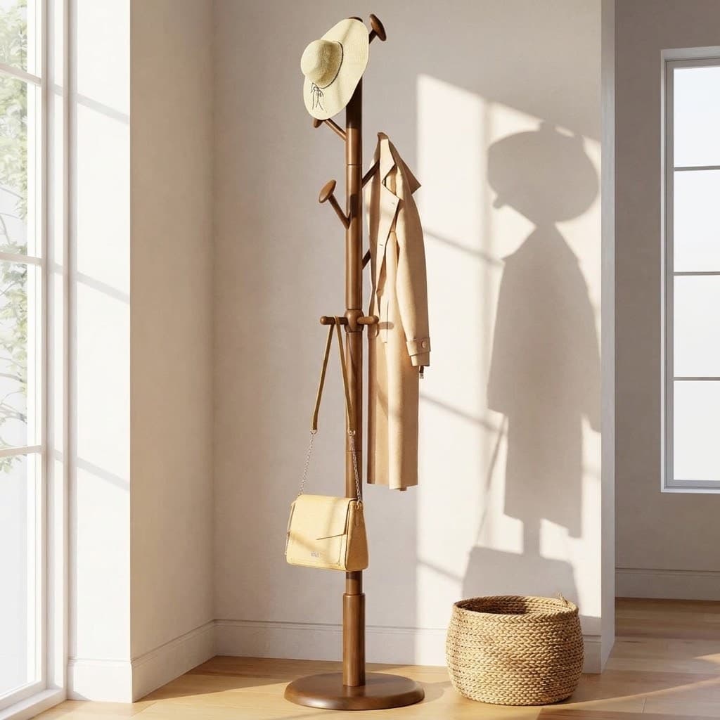 Taitiy Solid Wooden Coat Rack Stand Freestanding Hall Tree with 10 Hooks, Walnut Brown
