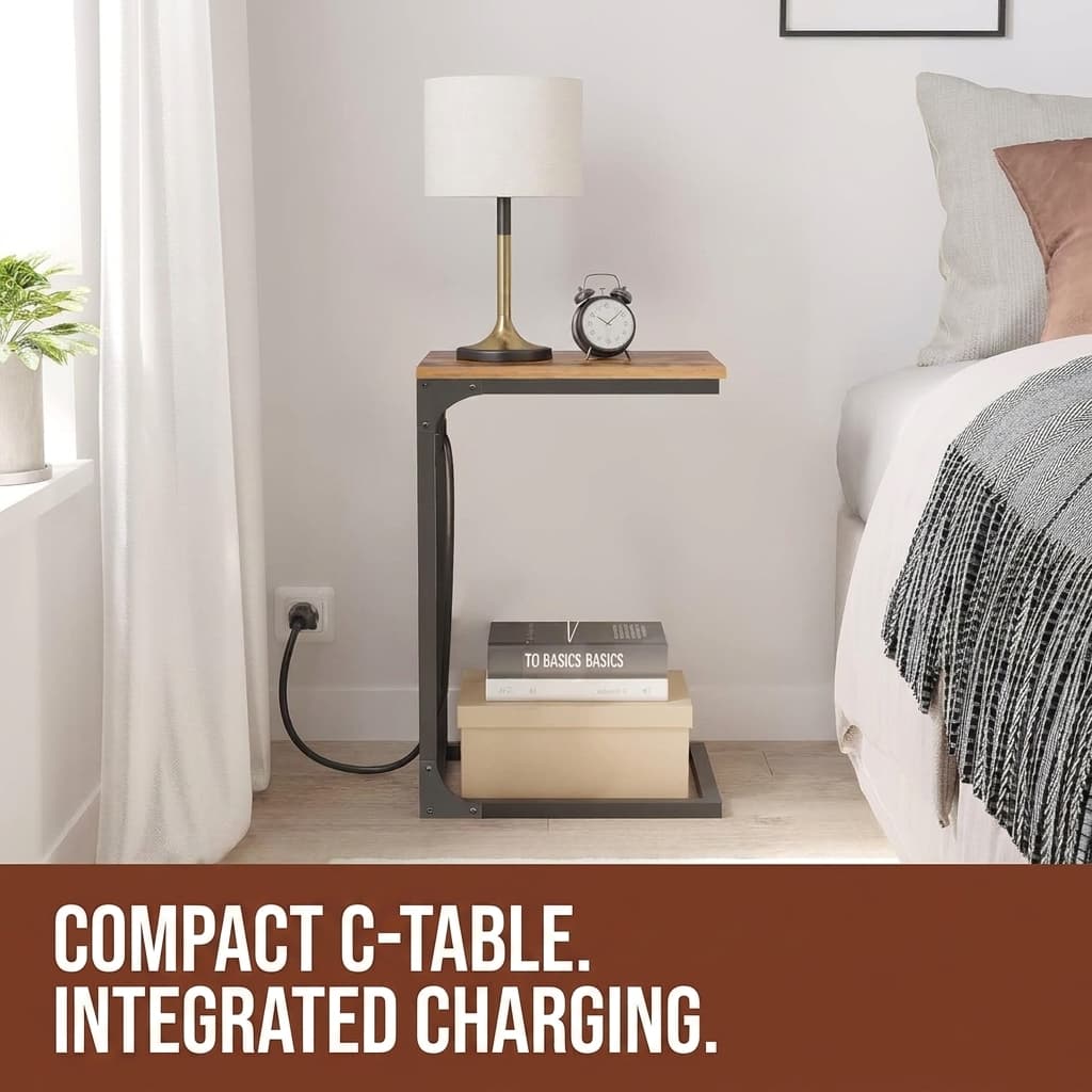 TUTOTAK C-Shaped End Table with Charging Station & Storage Bag
