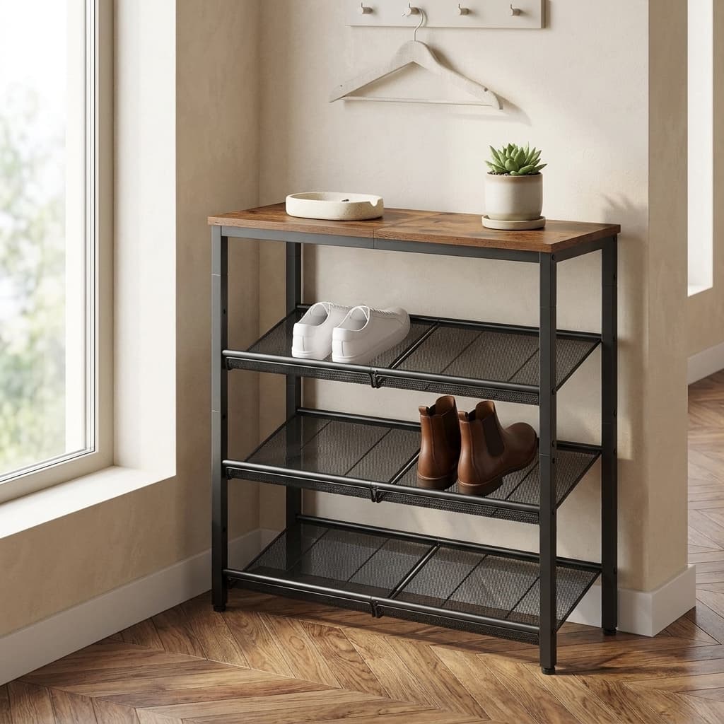 VASAGLE 4-Tier Industrial Shoe Rack Organizer with Spacious Top, Rustic Brown and Ink Black