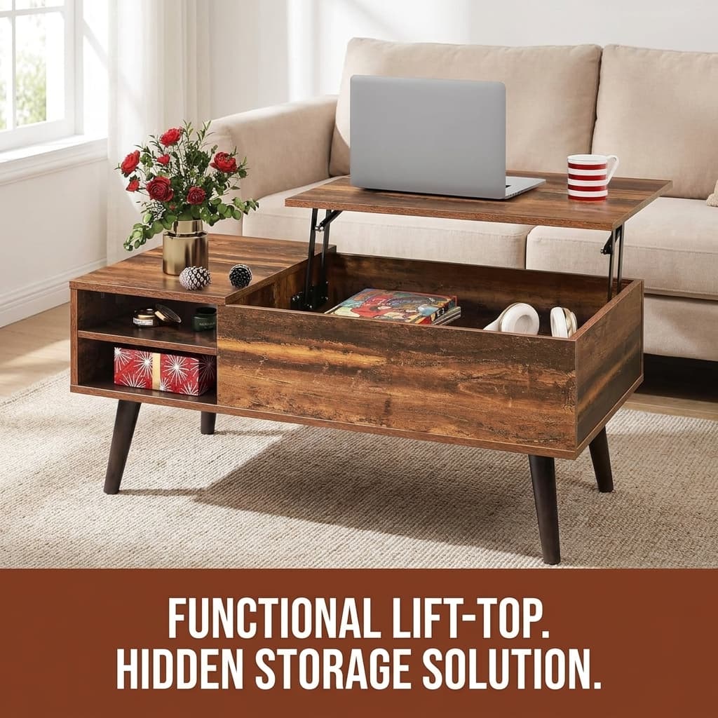 WLIVE Lift Top Coffee Table with Hidden Storage & Adjustable Shelf