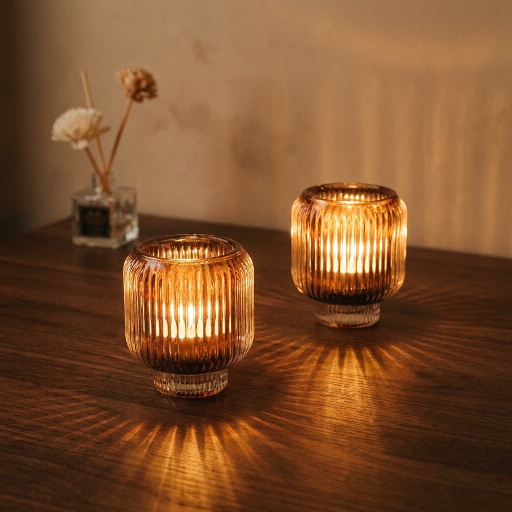 Woho Ribbed Amber Glass Votive Candle Holders Set of 2