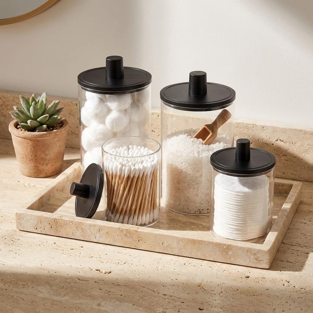 Woonnuk 4-Pack Glass Qtip Dispenser Apothecary Jars with Matte Black Lids