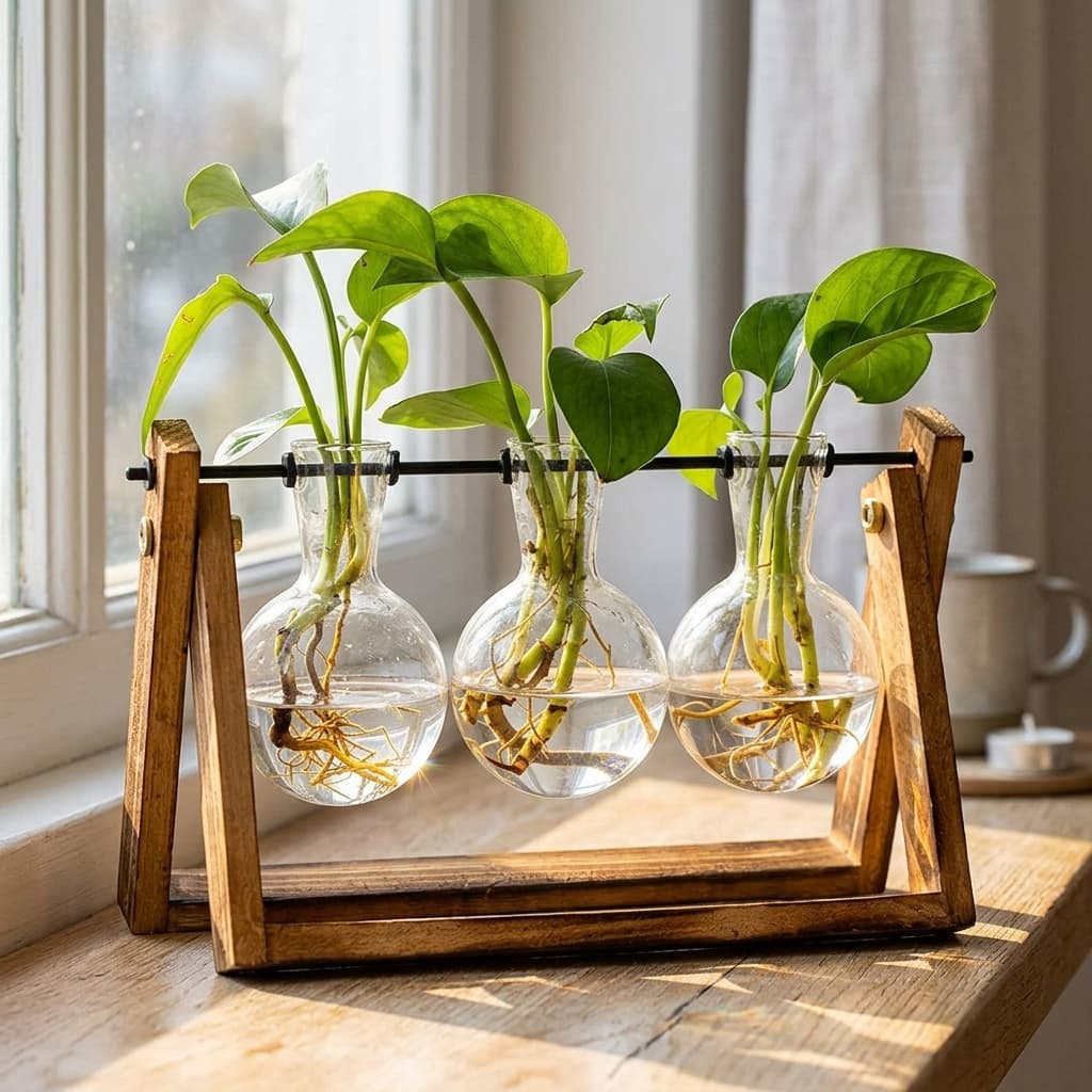 XXXFLOWER Plant Terrarium with Retro Solid Wooden Stand 3 Glass Bulbs