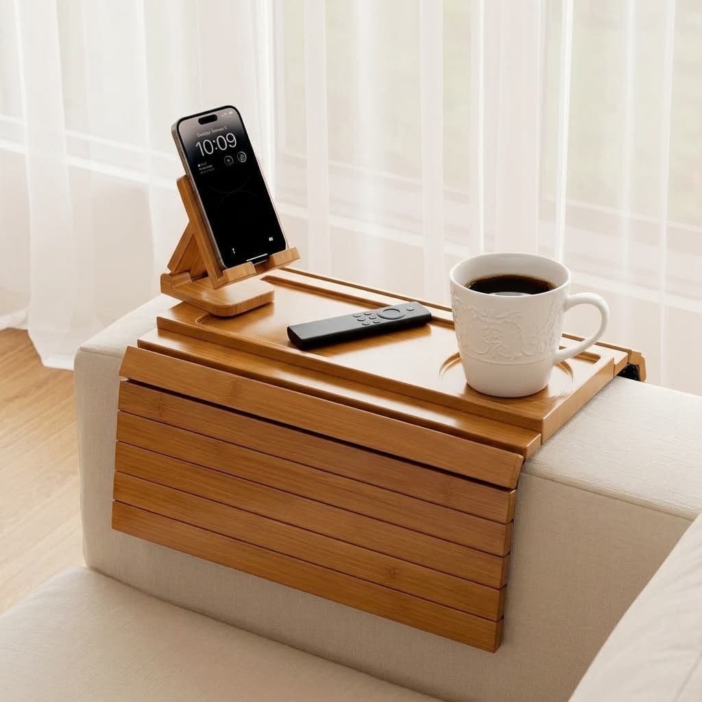 Yofidra 3-in-1 Bamboo Couch Armrest Table with 360 Phone Stand