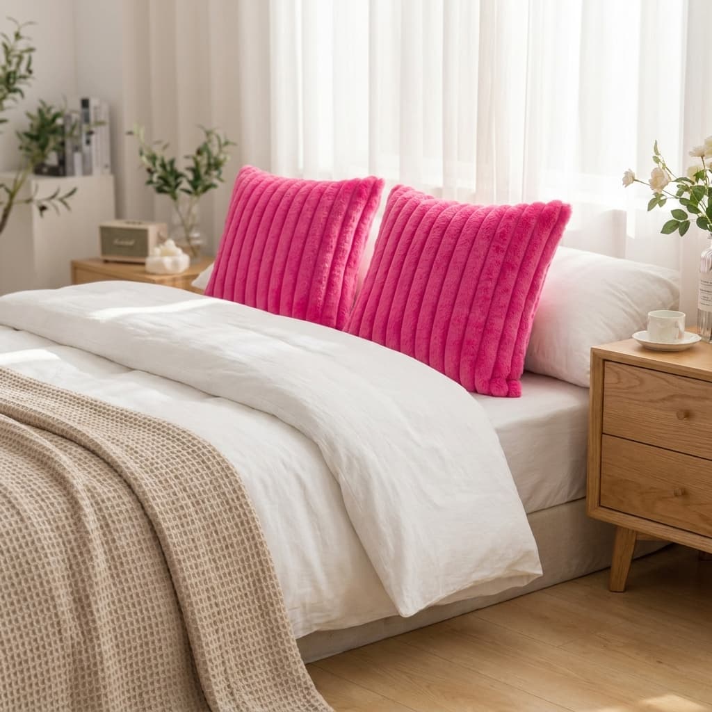 ZLINA Hot Pink Striped Faux Fur Pillow Covers (18"x18", 2-Pack)