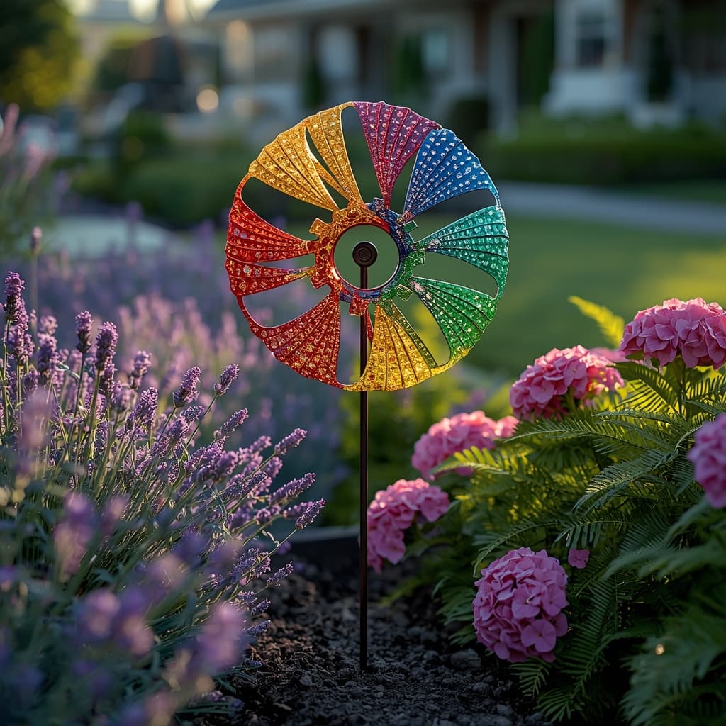 Colorful Rainbow Flower Wind Spinner - 3D Sparkly Kinetic Pinwheel Garden Stake & Hanging Decor
