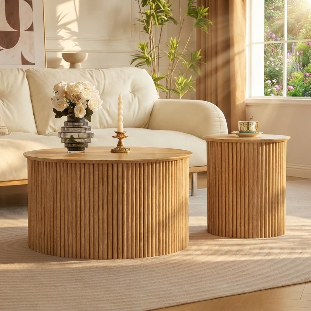 AVZEAR Fluted Round Nesting Coffee Table Set Natural Wood