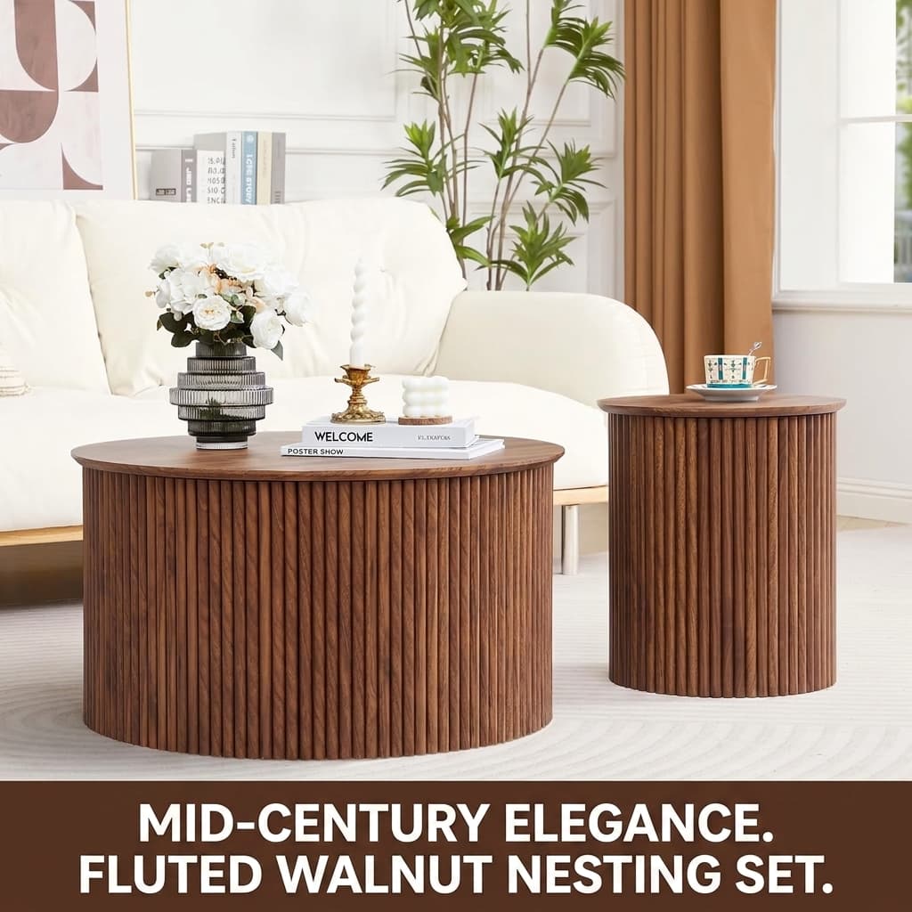 AVZEAR Fluted Round Nesting Coffee Table Set of 2