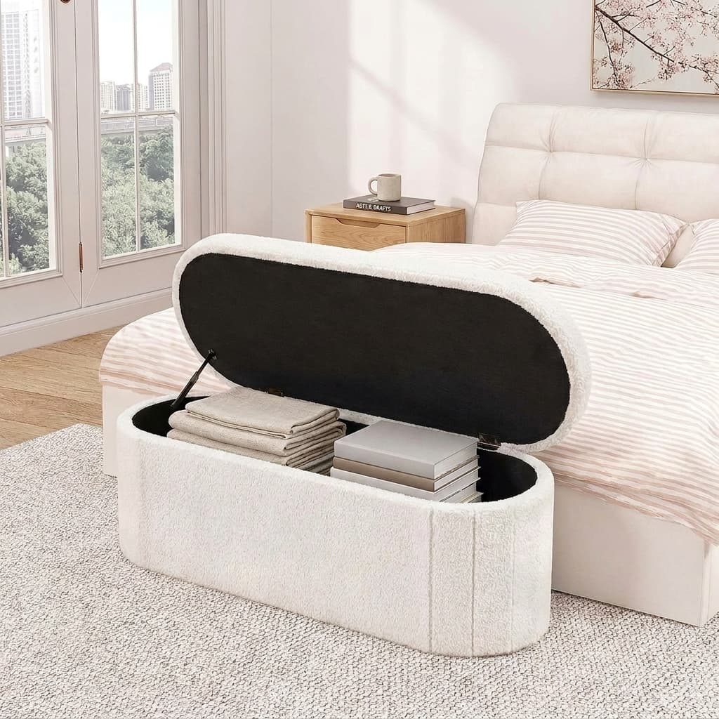B FSOBEIIALEO Bouclé Folding Storage Ottoman Bench 43.3 Inch White Cream