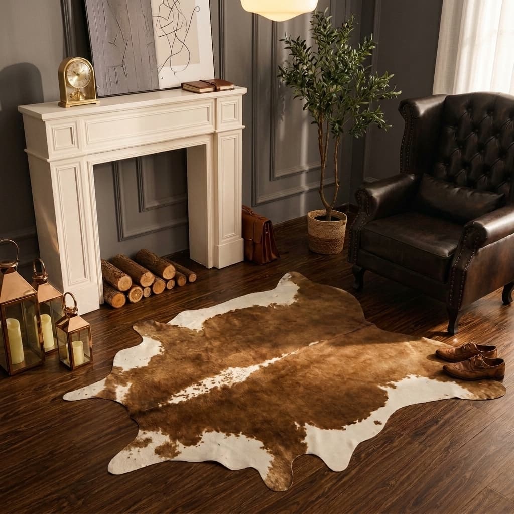 BENRON Faux Cowhide Accent Rug 4.6x5.2ft Caramel Brown