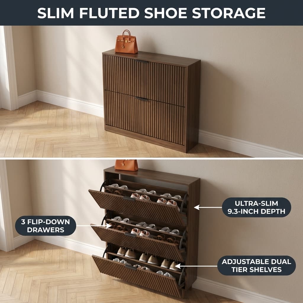 BORNOON Slim Entryway Shoe Cabinet with 3 Flip Drawers