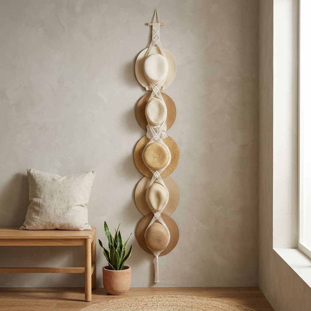Dahey 5-Tier Vertical Macrame Wall Hat Hanger Off-White