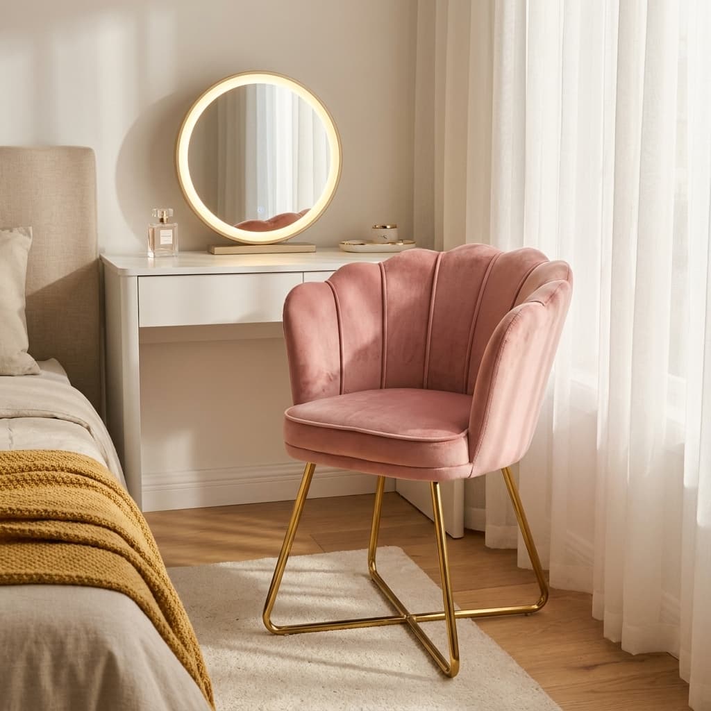 Furnimart Pink Velvet Shell Accent Chair with Gold Legs