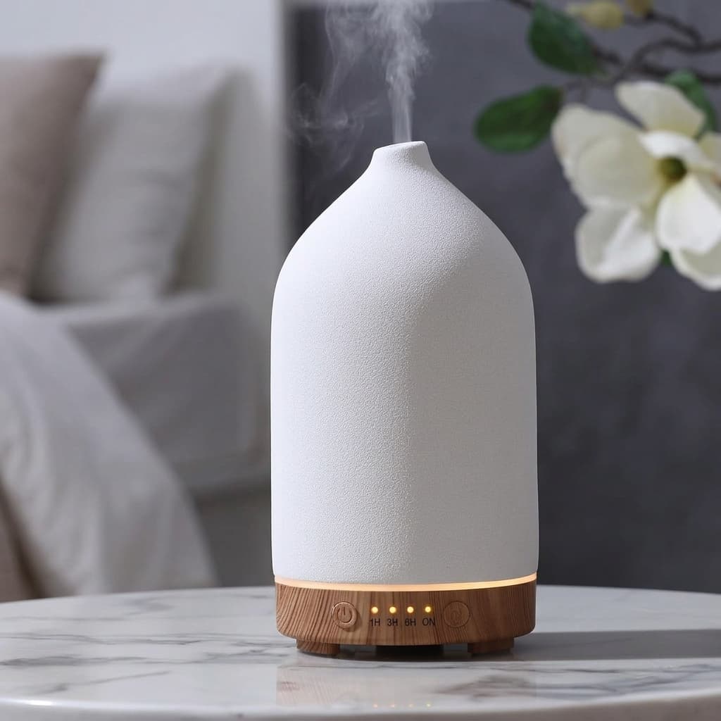 Gooamp 200ML Ceramic Essential Oil Diffuser with Wood Grain Base
