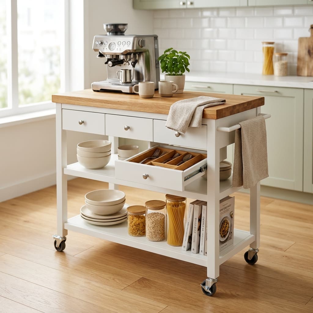 Rolling Kitchen Island Cart with 3 Drawers & Shelves