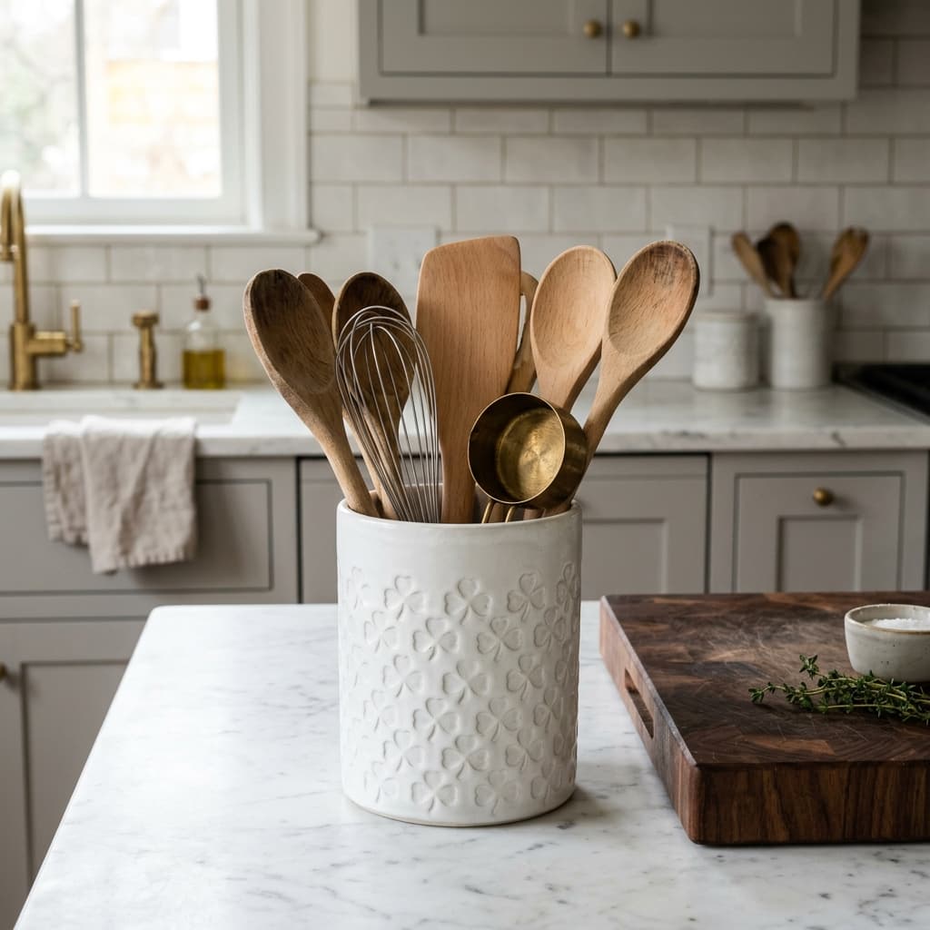 LE TAUCI 7.1-Inch Ceramic Kitchen Utensil Holder Crock Arctic White Clover
