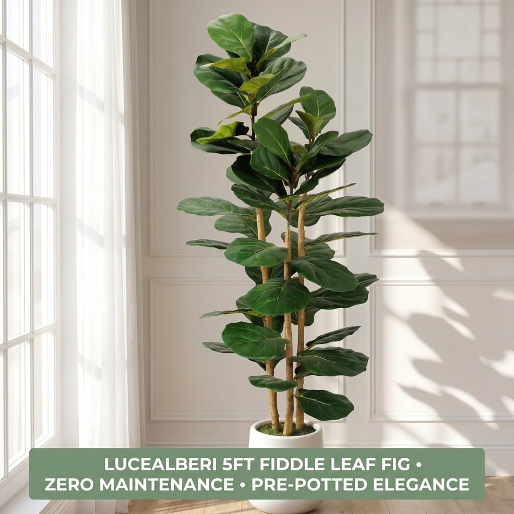 LuceAlberi 5ft Artificial Fiddle Leaf Fig Tree with White Planter