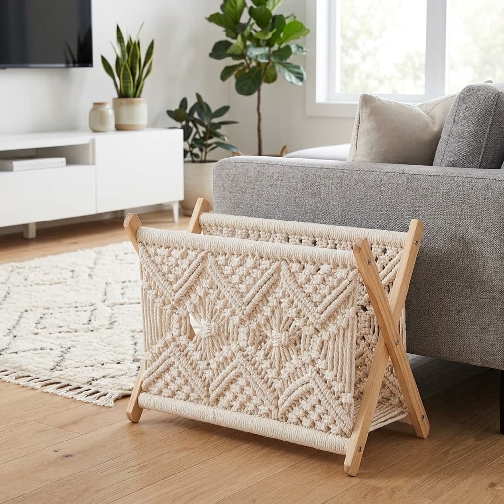 Mkono Boho Macrame Magazine Rack & Book Holder Ivory 14"
