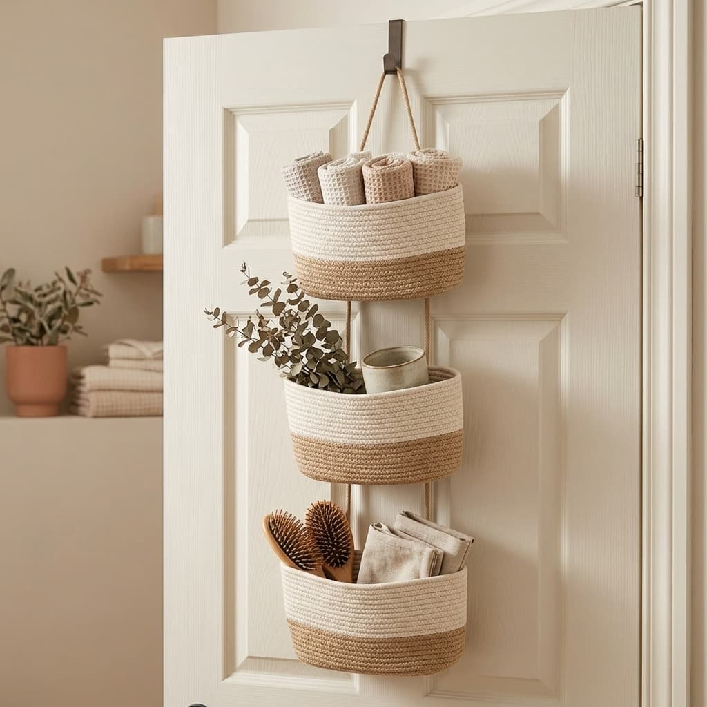 TeoKJ 3-Tier Over the Door Hanging Storage Basket Woven Jute