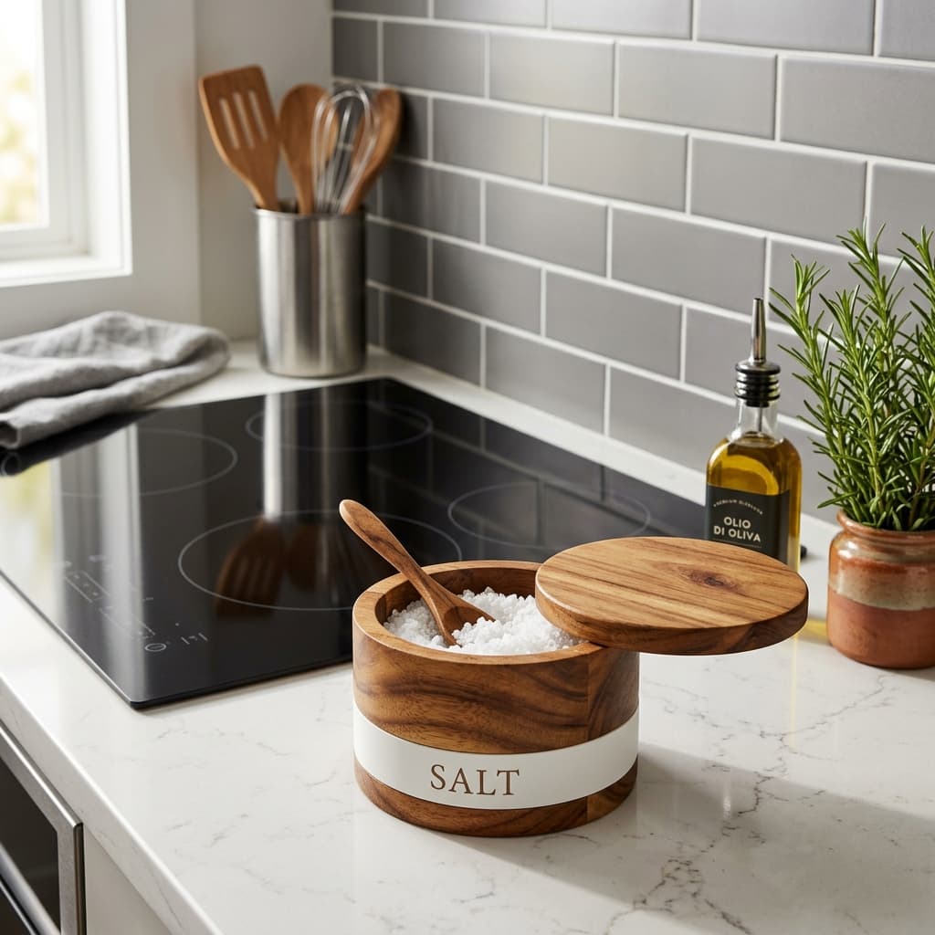 ThougrLyh Acacia Wood Salt Cellar with Swivel Lid and Spoon 6oz