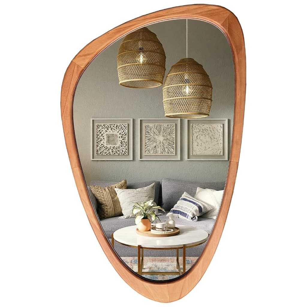 WallBeyond Mid-Century Modern Asymmetrical Irregular Wall Mirror Walnut 30"x19"